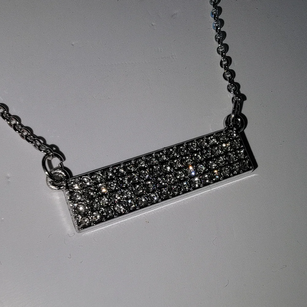 Pave Bar Necklace Silver Tone Clear Diamond Rhinestones Iced Out